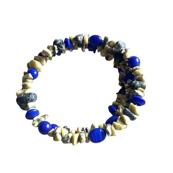 Natural Gemstone Stretch Bracelet With Lapis Lazuli & Yellow Jasper Beads - Picture 2 of 8